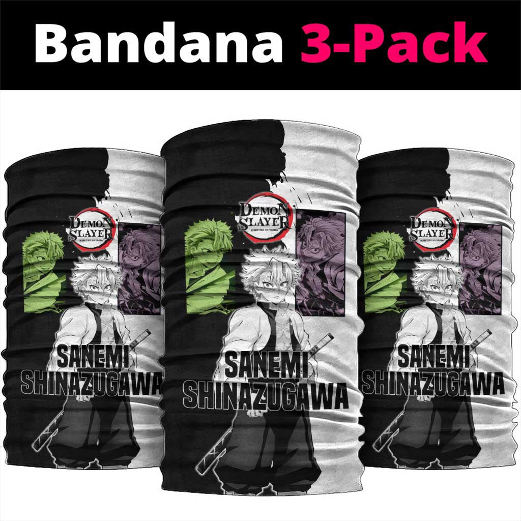 Sanemi Shinazugawa from Demon Slayer Neck Gaiter with Black and White Split Background and Intense Battle-Ready Manga Style Design - The Mazicc