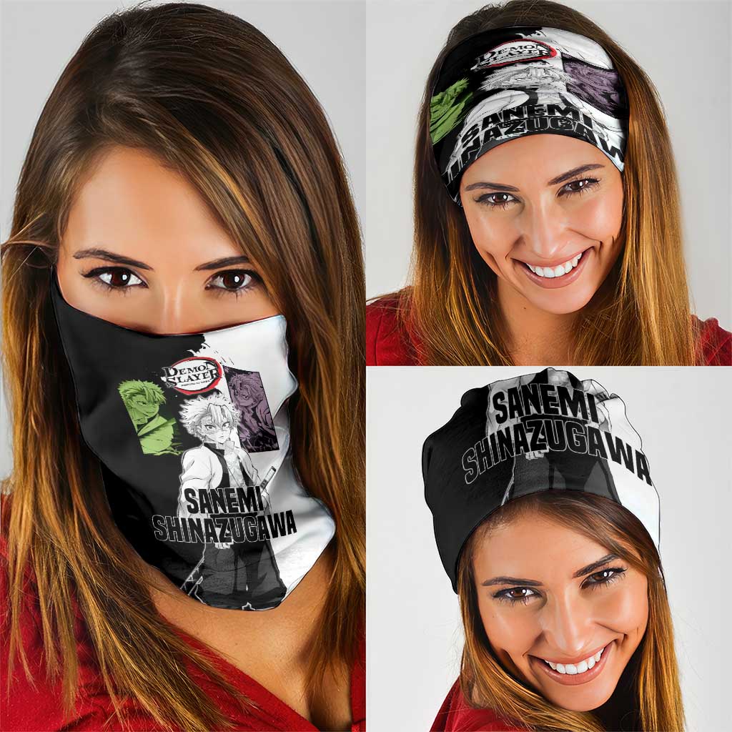 Sanemi Shinazugawa from Demon Slayer Neck Gaiter with Black and White Split Background and Intense Battle-Ready Manga Style Design - The Mazicc