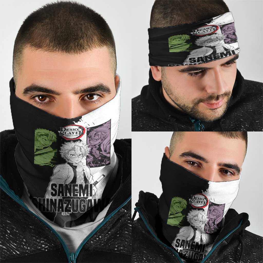 Sanemi Shinazugawa from Demon Slayer Neck Gaiter with Black and White Split Background and Intense Battle-Ready Manga Style Design - The Mazicc