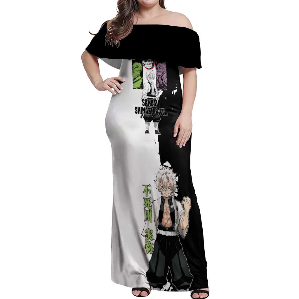 Sanemi Shinazugawa from Demon Slayer Off Shoulder Maxi Dress with Black and White Split Background and Intense Battle-Ready Manga Style Design - The Mazicc