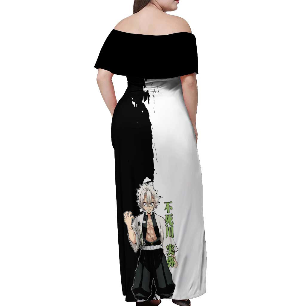 Sanemi Shinazugawa from Demon Slayer Off Shoulder Maxi Dress with Black and White Split Background and Intense Battle-Ready Manga Style Design - The Mazicc