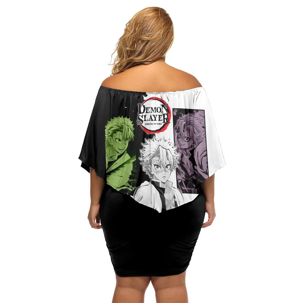 Sanemi Shinazugawa from Demon Slayer Off Shoulder Short Dress with Black and White Split Background and Intense Battle-Ready Manga Style Design - The Mazicc