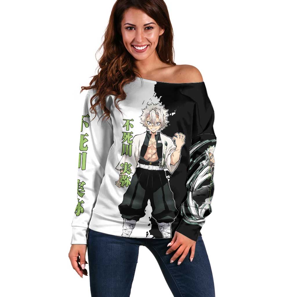 Sanemi Shinazugawa from Demon Slayer Off Shoulder Sweater with Black and White Split Background and Intense Battle-Ready Manga Style Design - The Mazicc