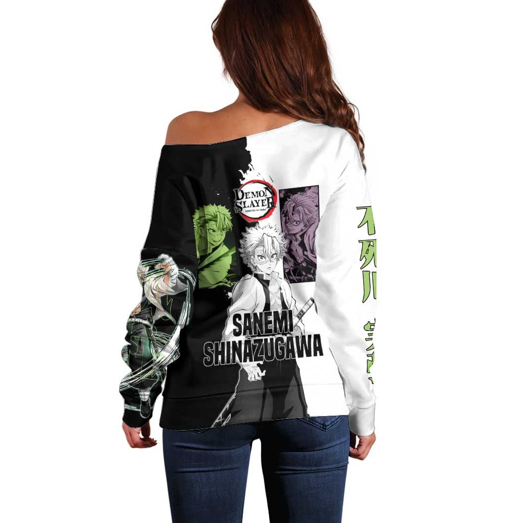 Sanemi Shinazugawa from Demon Slayer Off Shoulder Sweater with Black and White Split Background and Intense Battle-Ready Manga Style Design - The Mazicc