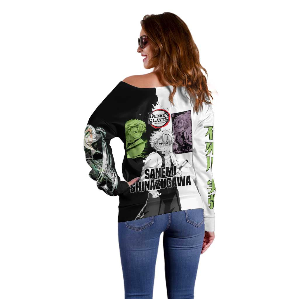 Sanemi Shinazugawa from Demon Slayer Off Shoulder Sweater with Black and White Split Background and Intense Battle-Ready Manga Style Design - The Mazicc