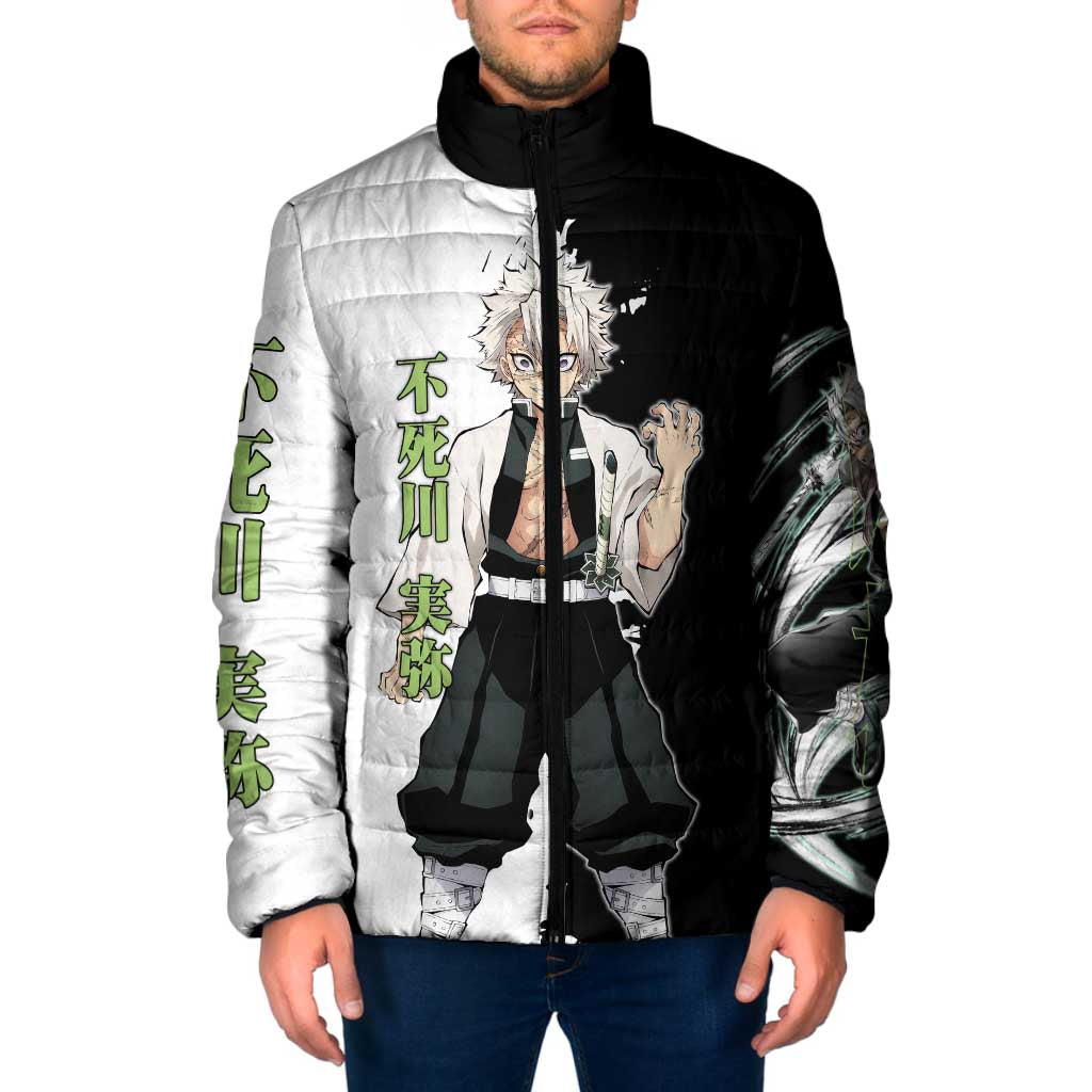 Sanemi Shinazugawa from Demon Slayer Padded Jacket with Black and White Split Background and Intense Battle-Ready Manga Style Design - The Mazicc