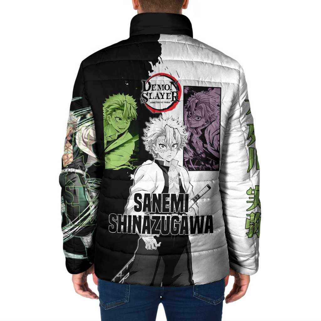 Sanemi Shinazugawa from Demon Slayer Padded Jacket with Black and White Split Background and Intense Battle-Ready Manga Style Design - The Mazicc