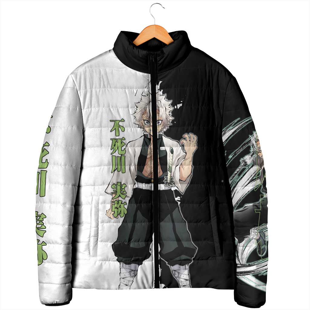 Sanemi Shinazugawa from Demon Slayer Padded Jacket with Black and White Split Background and Intense Battle-Ready Manga Style Design - The Mazicc