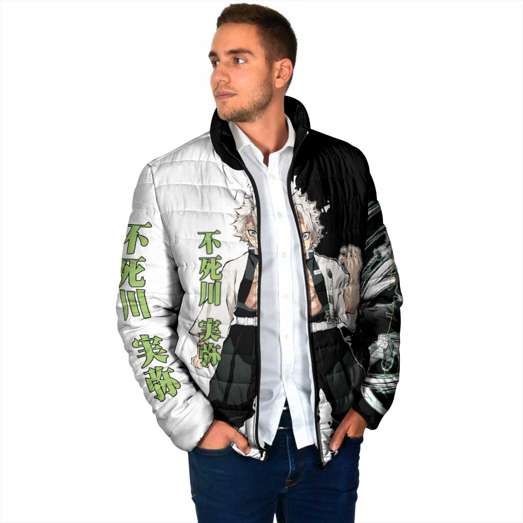 Sanemi Shinazugawa from Demon Slayer Padded Jacket with Black and White Split Background and Intense Battle-Ready Manga Style Design - The Mazicc