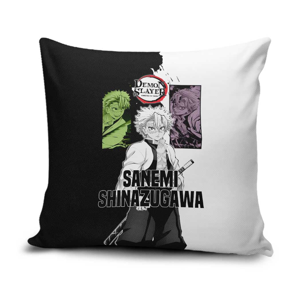 Sanemi Shinazugawa from Demon Slayer Pillow Cover with Black and White Split Background and Intense Battle-Ready Manga Style Design - The Mazicc