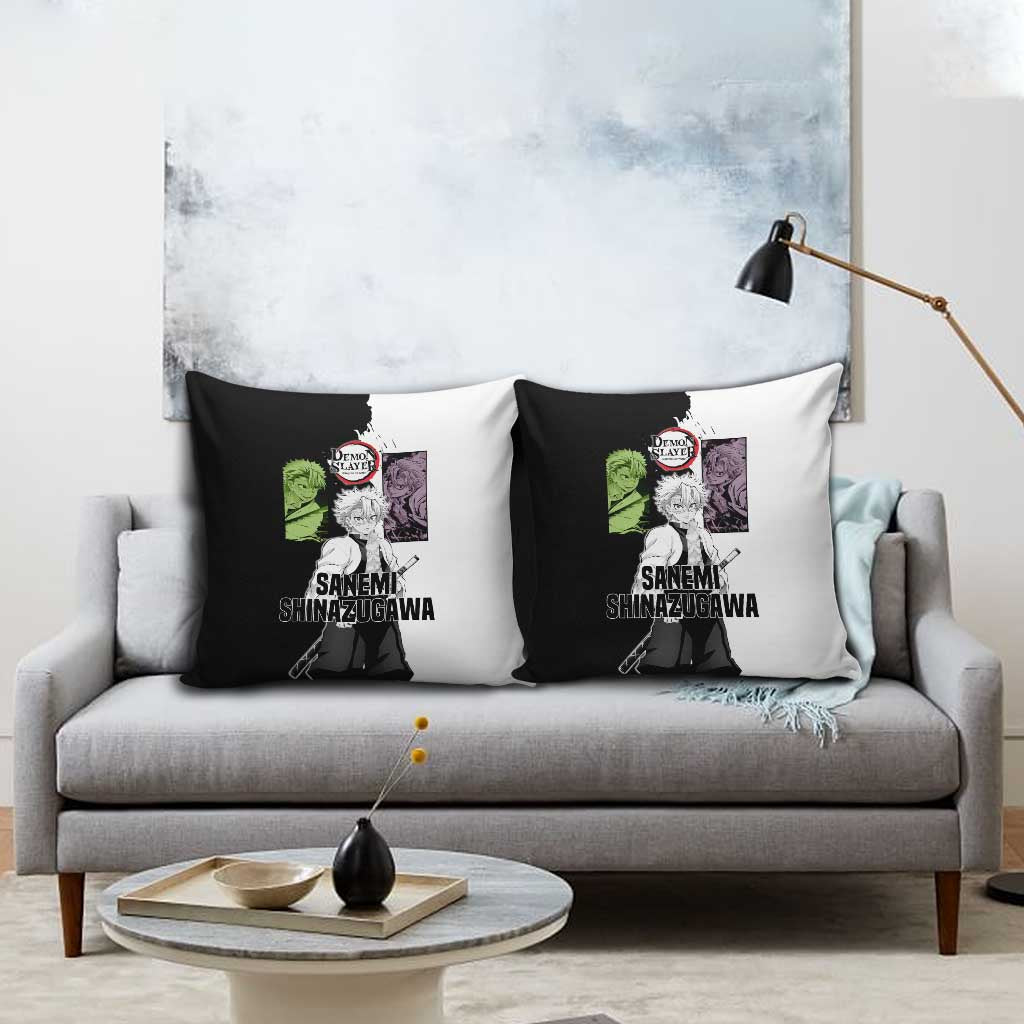 Sanemi Shinazugawa from Demon Slayer Pillow Cover with Black and White Split Background and Intense Battle-Ready Manga Style Design - The Mazicc