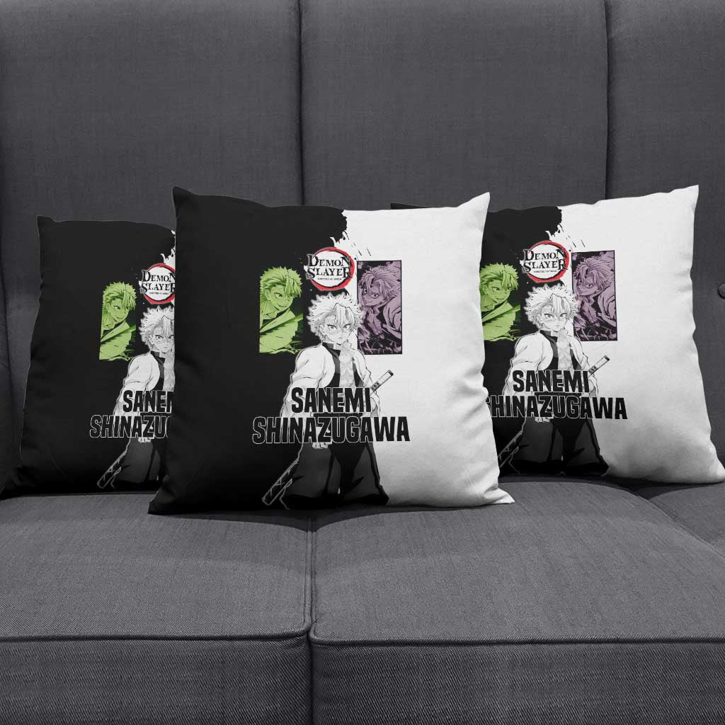 Sanemi Shinazugawa from Demon Slayer Pillow Cover with Black and White Split Background and Intense Battle-Ready Manga Style Design - The Mazicc