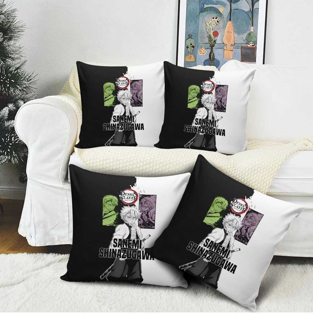 Sanemi Shinazugawa from Demon Slayer Pillow Cover with Black and White Split Background and Intense Battle-Ready Manga Style Design - The Mazicc
