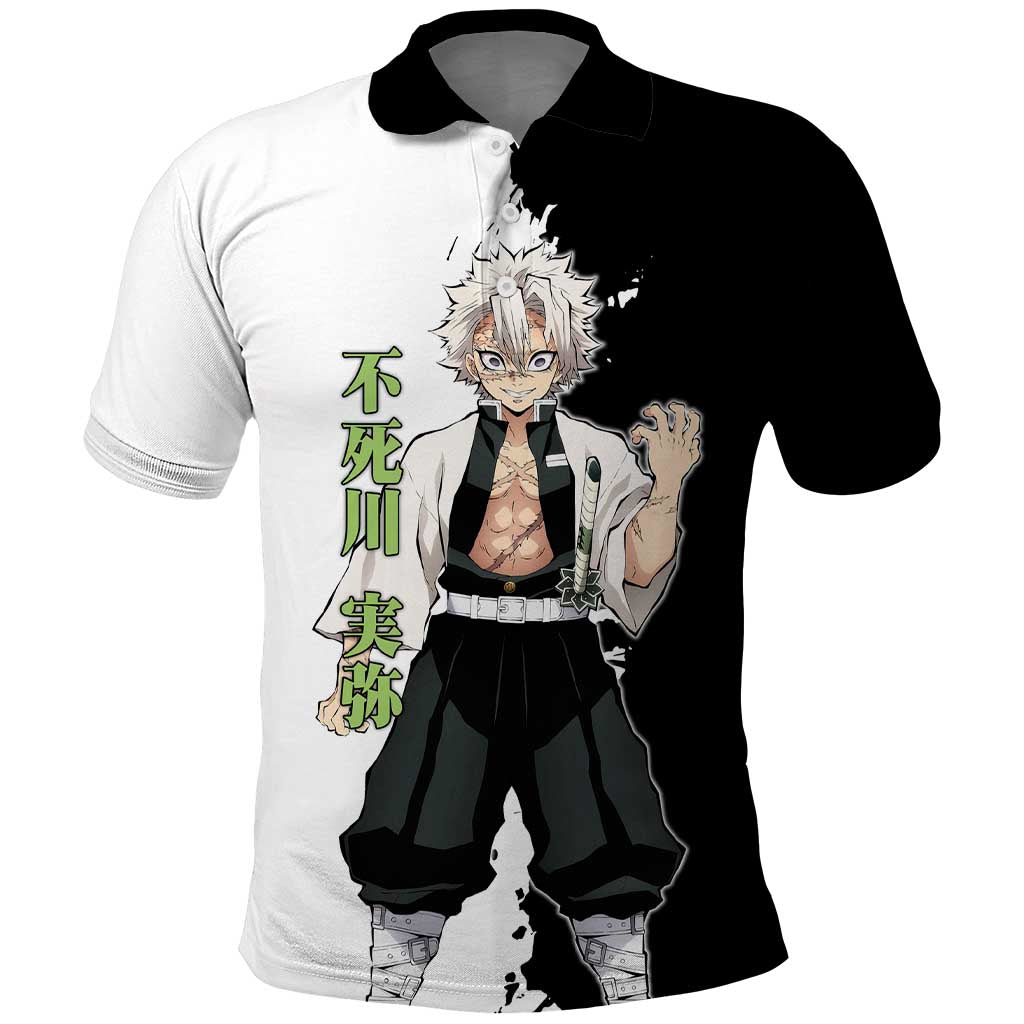 Sanemi Shinazugawa from Demon Slayer Polo Shirt with Black and White Split Background and Intense Battle-Ready Manga Style Design - The Mazicc