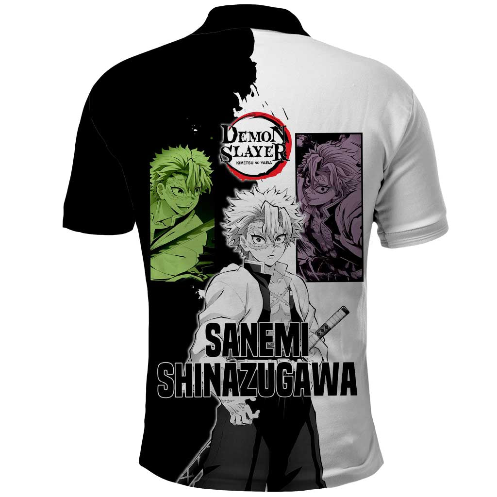 Sanemi Shinazugawa from Demon Slayer Polo Shirt with Black and White Split Background and Intense Battle-Ready Manga Style Design - The Mazicc