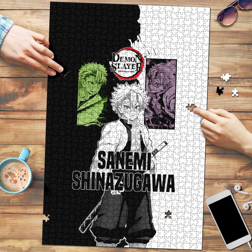 Sanemi Shinazugawa from Demon Slayer Puzzle with Black and White Split Background and Intense Battle-Ready Manga Style Design - The Mazicc