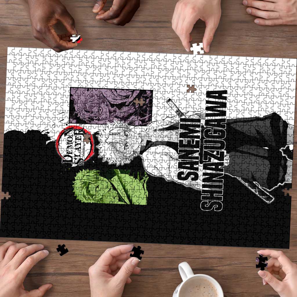 Sanemi Shinazugawa from Demon Slayer Puzzle with Black and White Split Background and Intense Battle-Ready Manga Style Design - The Mazicc