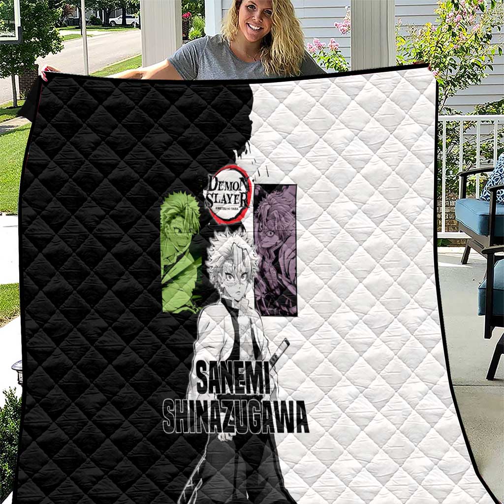 Sanemi Shinazugawa from Demon Slayer Quilt with Black and White Split Background and Intense Battle-Ready Manga Style Design - The Mazicc