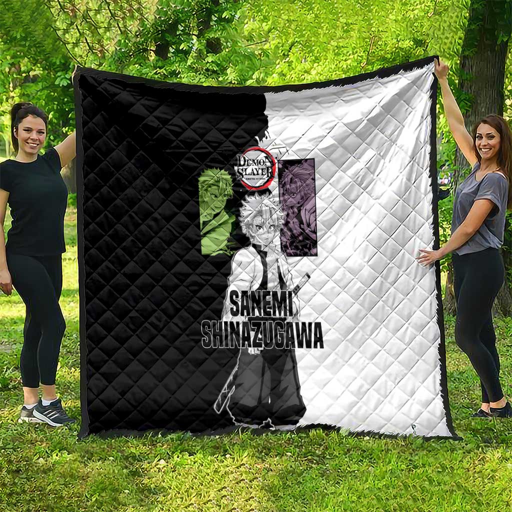 Sanemi Shinazugawa from Demon Slayer Quilt with Black and White Split Background and Intense Battle-Ready Manga Style Design - The Mazicc