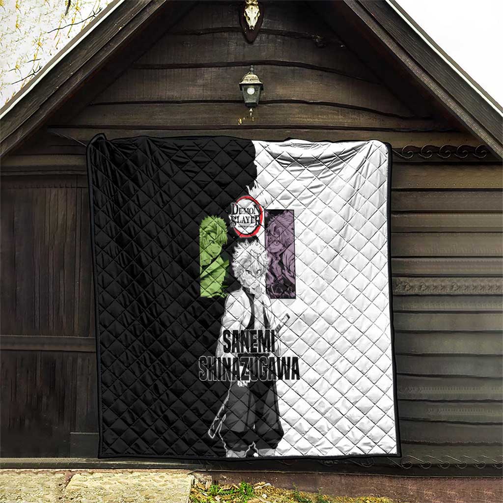 Sanemi Shinazugawa from Demon Slayer Quilt with Black and White Split Background and Intense Battle-Ready Manga Style Design - The Mazicc