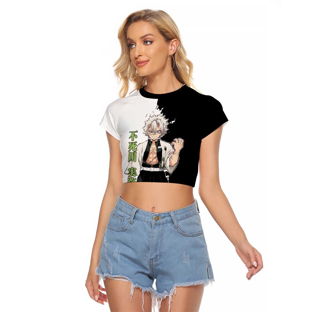 Sanemi Shinazugawa from Demon Slayer Raglan Cropped T Shirt with Black and White Split Background and Intense Battle-Ready Manga Style Design - The Mazicc