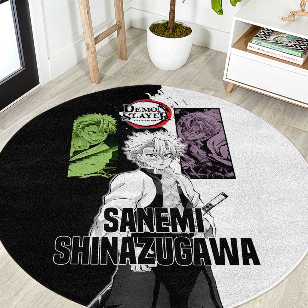 Sanemi Shinazugawa from Demon Slayer Round Carpet with Black and White Split Background and Intense Battle-Ready Manga Style Design - The Mazicc