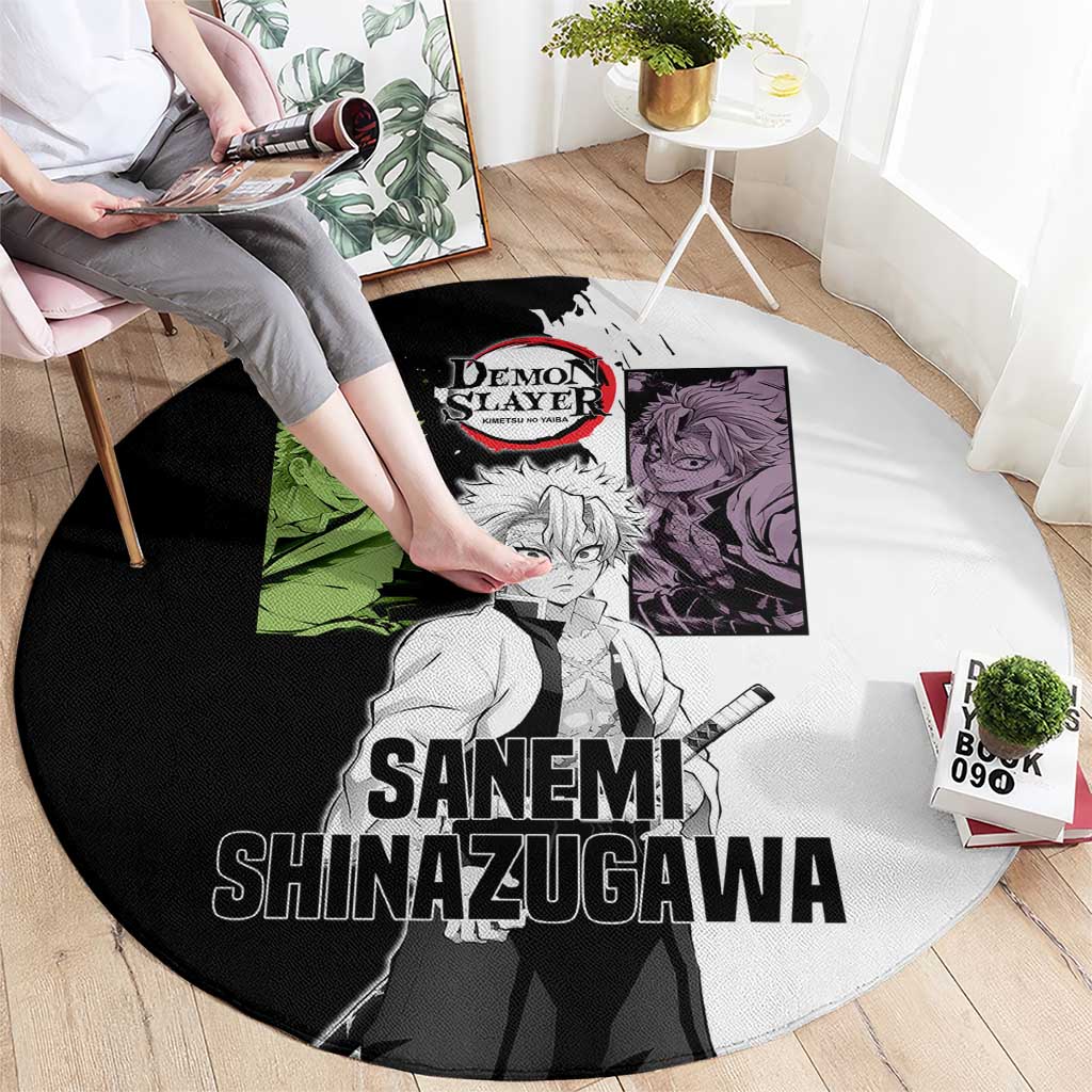 Sanemi Shinazugawa from Demon Slayer Round Carpet with Black and White Split Background and Intense Battle-Ready Manga Style Design - The Mazicc