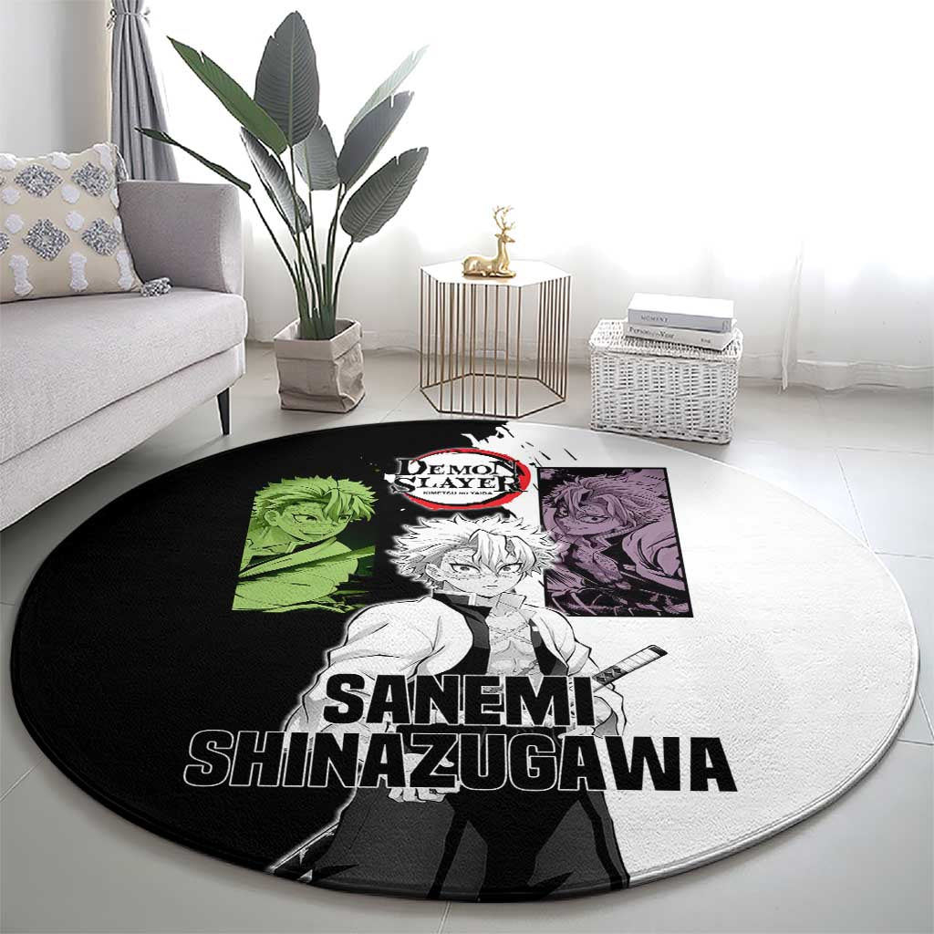 Sanemi Shinazugawa from Demon Slayer Round Carpet with Black and White Split Background and Intense Battle-Ready Manga Style Design - The Mazicc