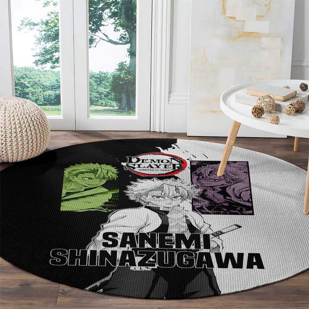 Sanemi Shinazugawa from Demon Slayer Round Carpet with Black and White Split Background and Intense Battle-Ready Manga Style Design - The Mazicc