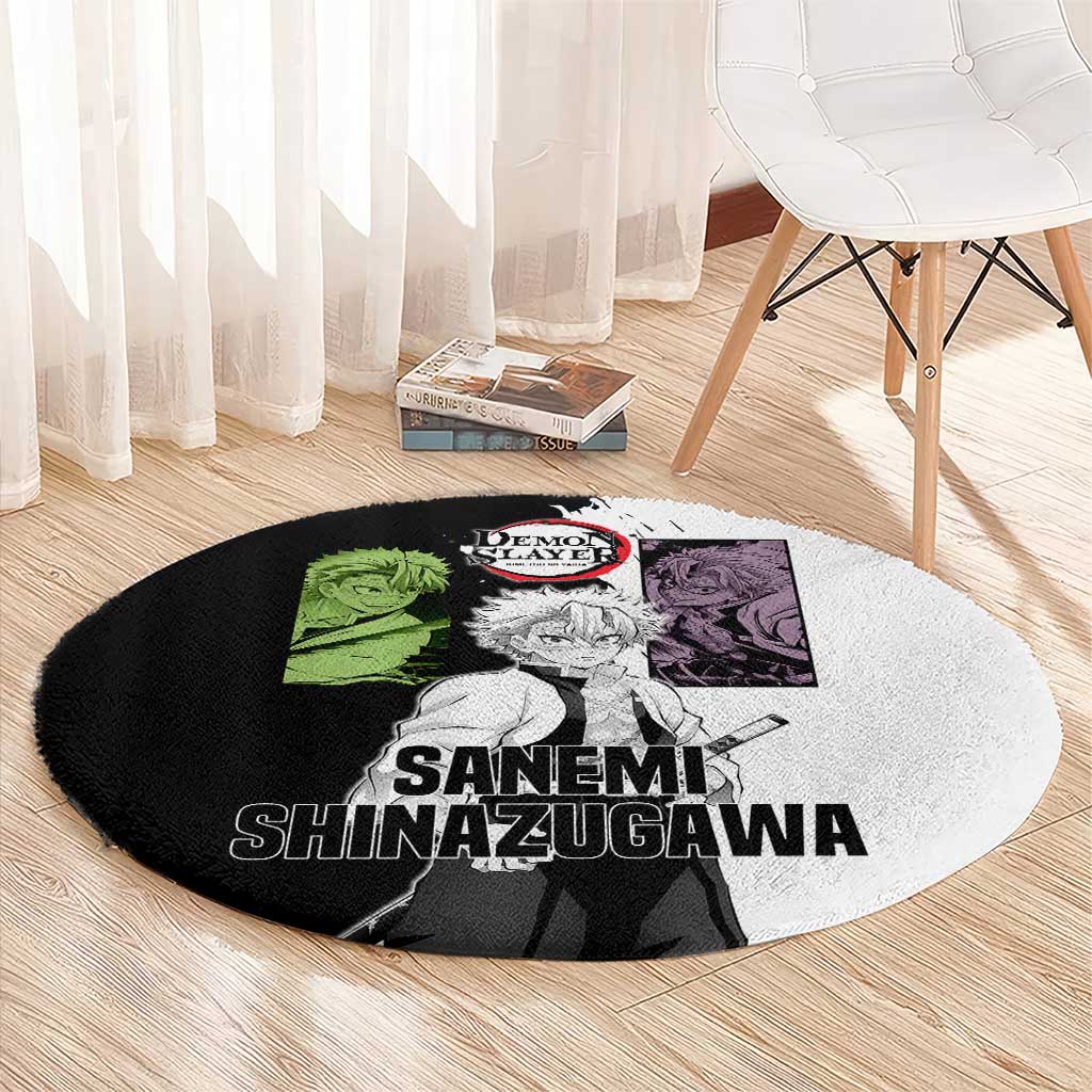 Sanemi Shinazugawa from Demon Slayer Round Carpet with Black and White Split Background and Intense Battle-Ready Manga Style Design - The Mazicc