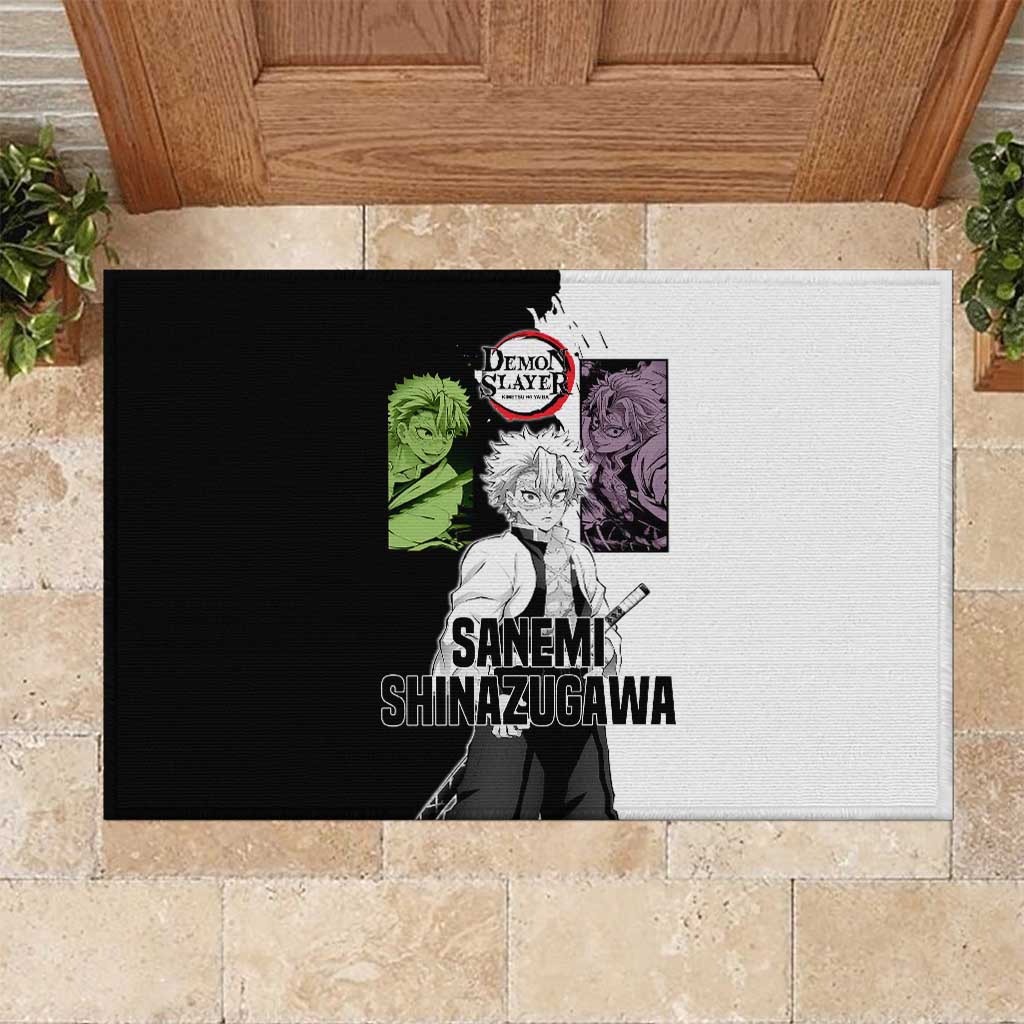 Sanemi Shinazugawa from Demon Slayer Rubber Doormat with Black and White Split Background and Intense Battle-Ready Manga Style Design - The Mazicc