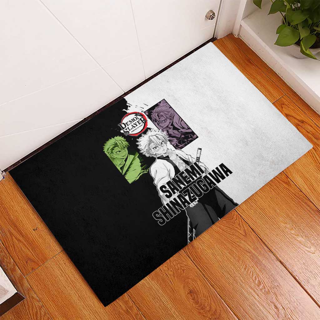 Sanemi Shinazugawa from Demon Slayer Rubber Doormat with Black and White Split Background and Intense Battle-Ready Manga Style Design - The Mazicc