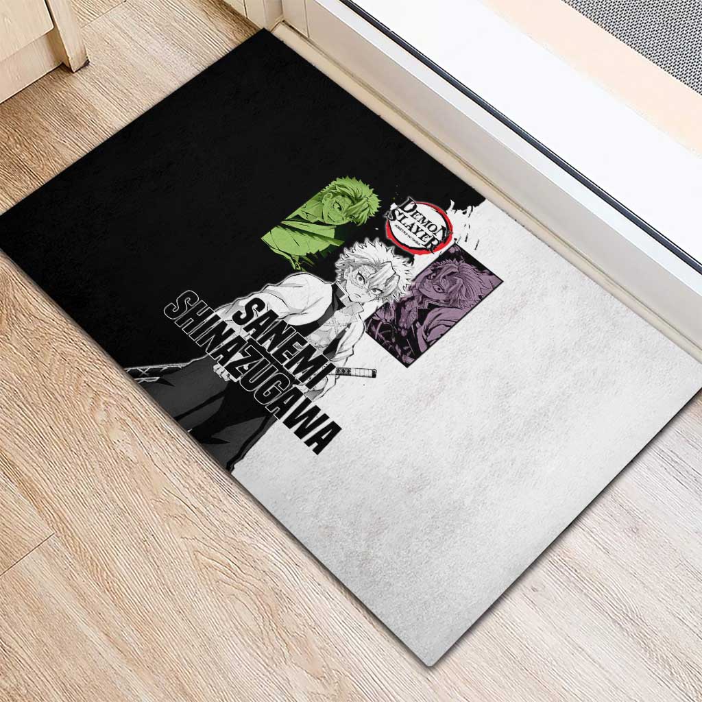 Sanemi Shinazugawa from Demon Slayer Rubber Doormat with Black and White Split Background and Intense Battle-Ready Manga Style Design - The Mazicc