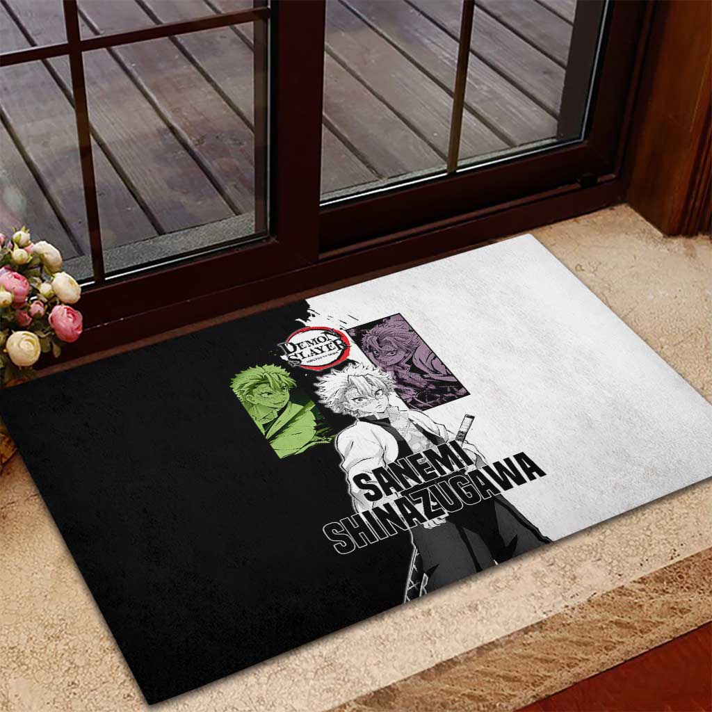 Sanemi Shinazugawa from Demon Slayer Rubber Doormat with Black and White Split Background and Intense Battle-Ready Manga Style Design - The Mazicc