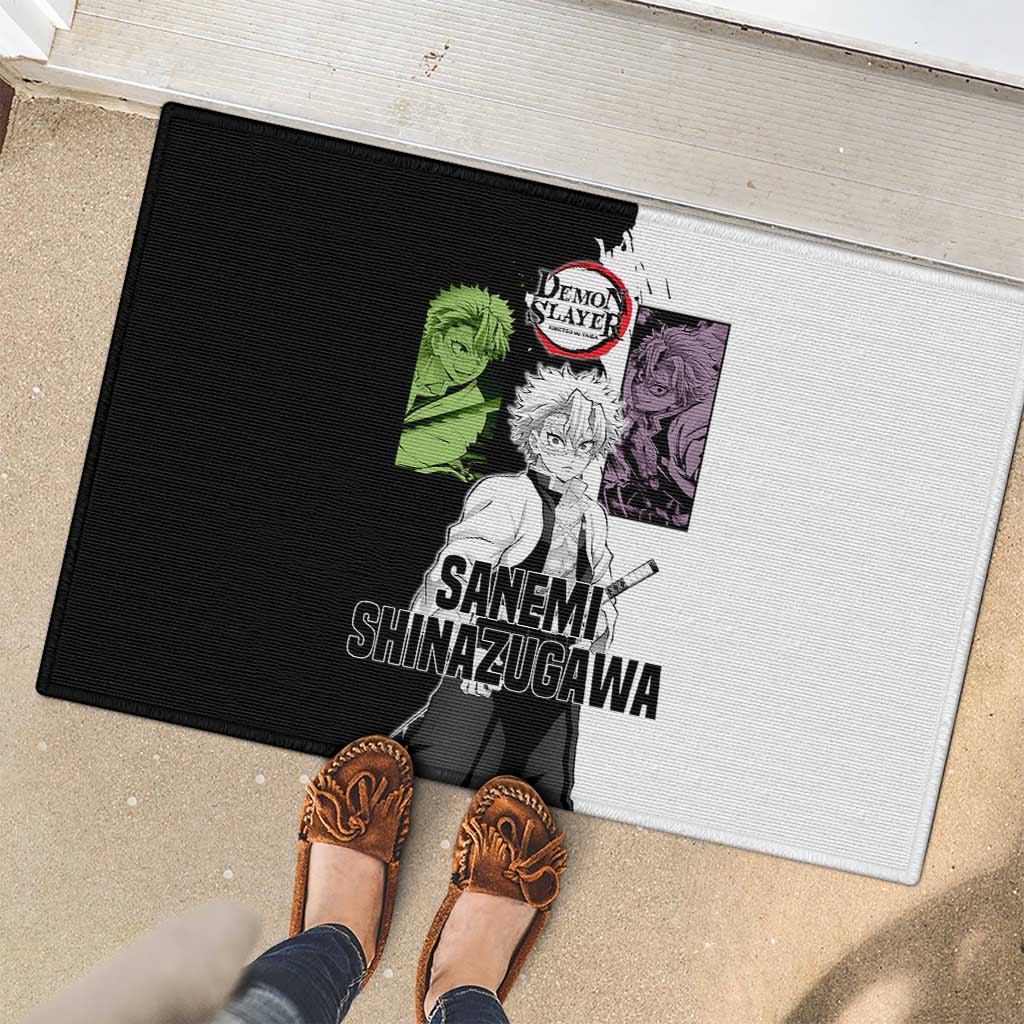 Sanemi Shinazugawa from Demon Slayer Rubber Doormat with Black and White Split Background and Intense Battle-Ready Manga Style Design - The Mazicc