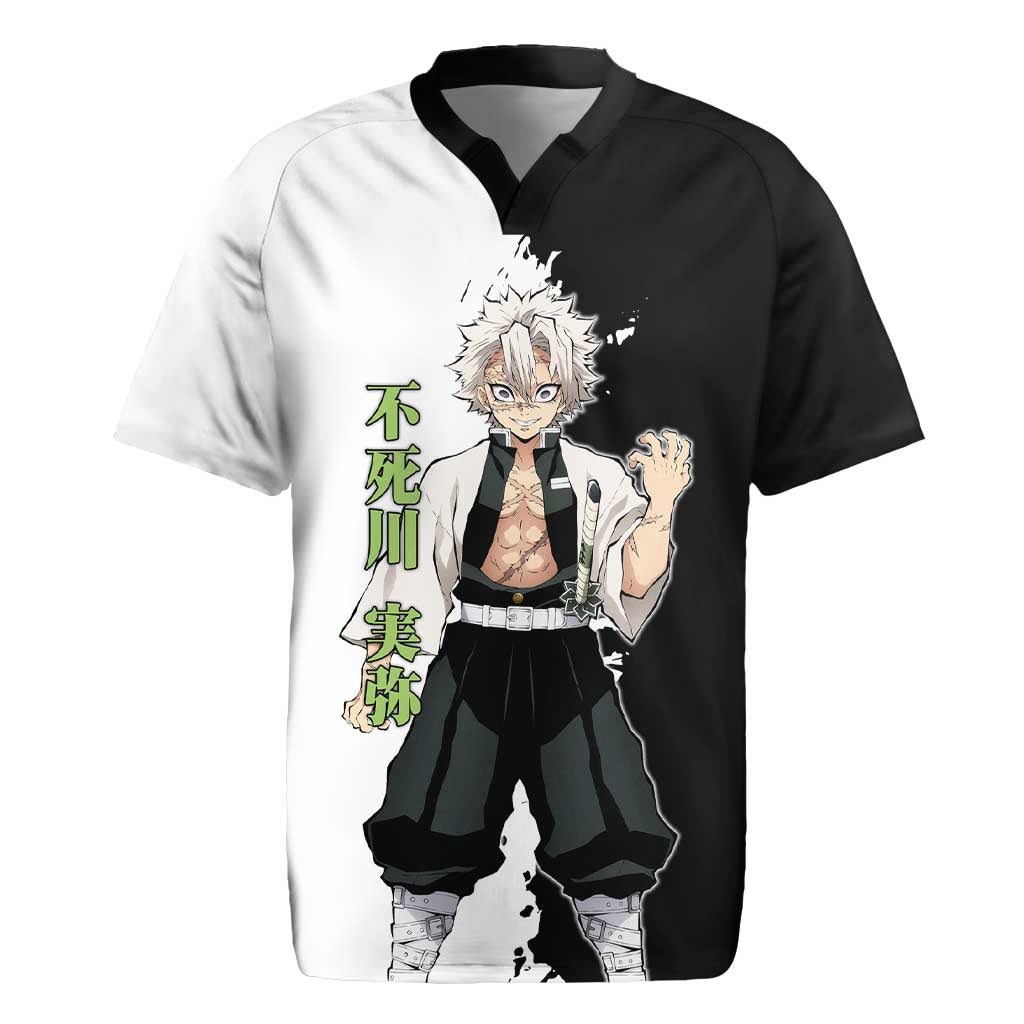 Sanemi Shinazugawa from Demon Slayer Rugby Jersey with Black and White Split Background and Intense Battle-Ready Manga Style Design - The Mazicc