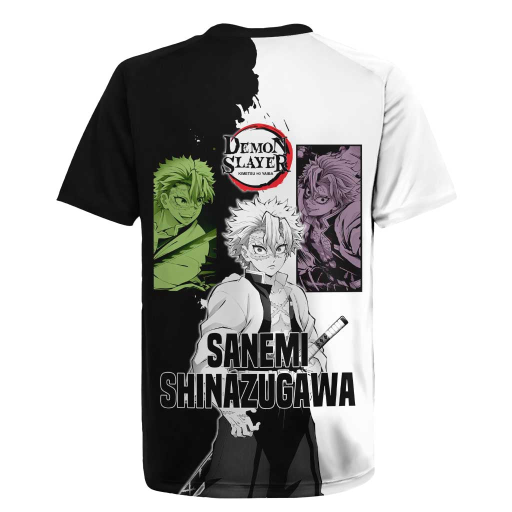 Sanemi Shinazugawa from Demon Slayer Rugby Jersey with Black and White Split Background and Intense Battle-Ready Manga Style Design - The Mazicc