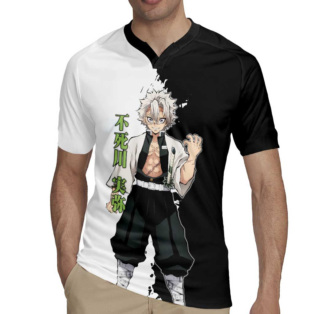 Sanemi Shinazugawa from Demon Slayer Rugby Jersey with Black and White Split Background and Intense Battle-Ready Manga Style Design - The Mazicc