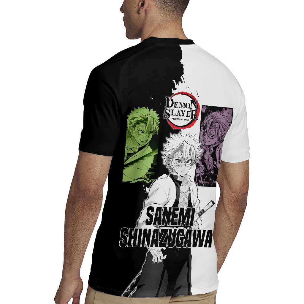 Sanemi Shinazugawa from Demon Slayer Rugby Jersey with Black and White Split Background and Intense Battle-Ready Manga Style Design - The Mazicc