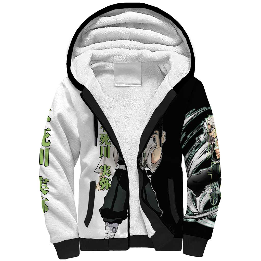 Sanemi Shinazugawa from Demon Slayer Sherpa Hoodie with Black and White Split Background and Intense Battle-Ready Manga Style Design - The Mazicc