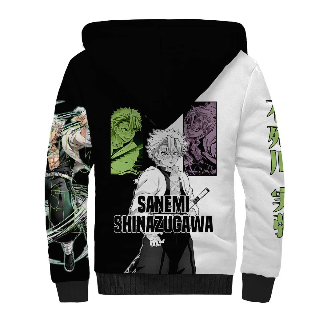 Sanemi Shinazugawa from Demon Slayer Sherpa Hoodie with Black and White Split Background and Intense Battle-Ready Manga Style Design - The Mazicc