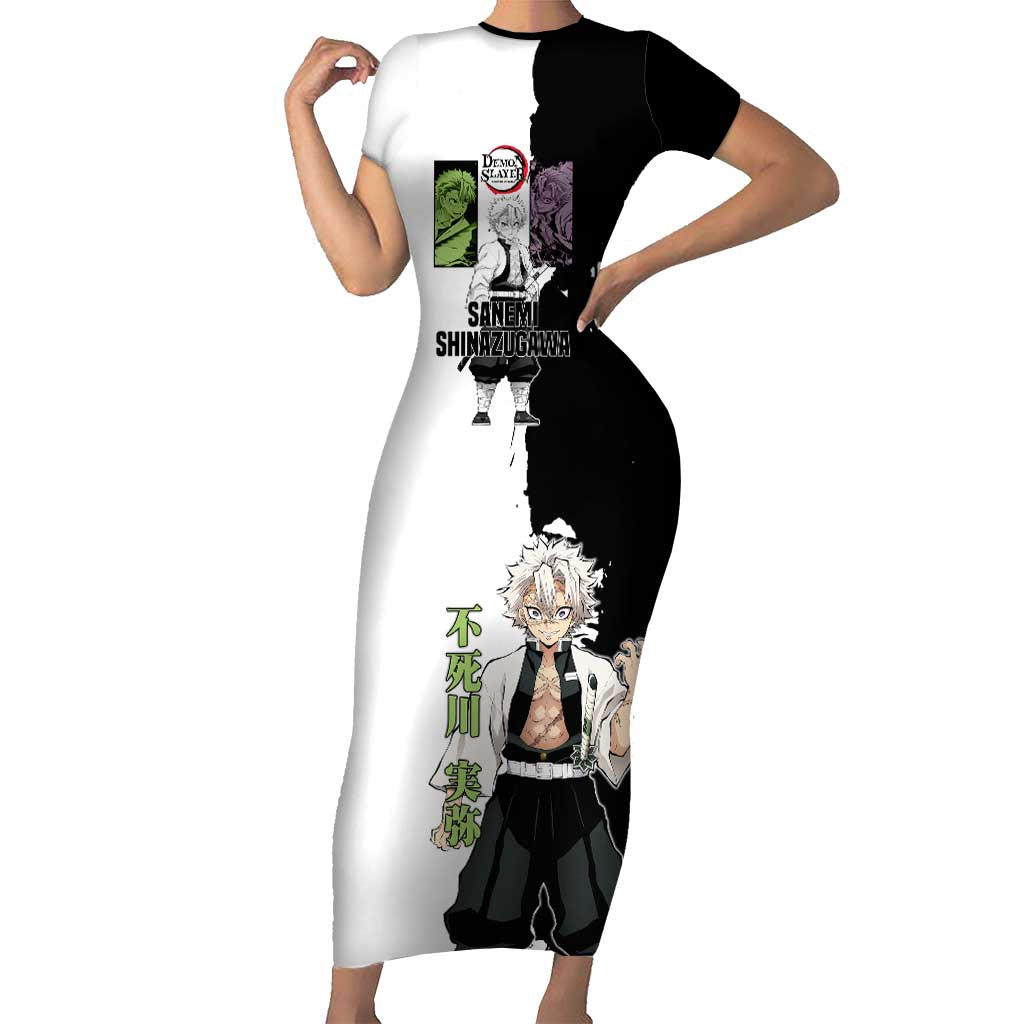 Sanemi Shinazugawa from Demon Slayer Short Sleeve Bodycon Dress with Black and White Split Background and Intense Battle-Ready Manga Style Design - The Mazicc