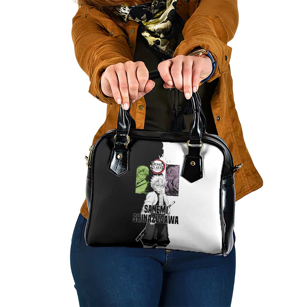 Sanemi Shinazugawa from Demon Slayer Shoulder Handbag with Black and White Split Background and Intense Battle-Ready Manga Style Design - The Mazicc