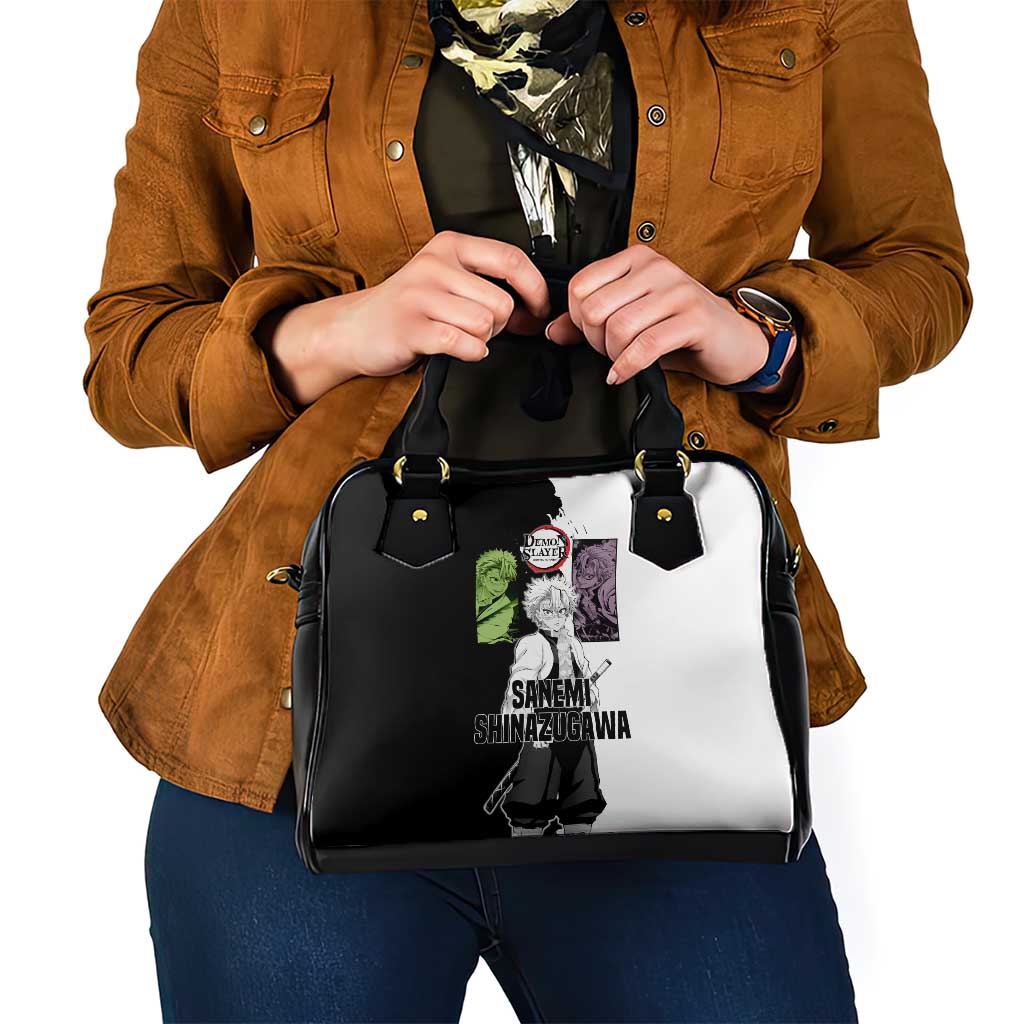 Sanemi Shinazugawa from Demon Slayer Shoulder Handbag with Black and White Split Background and Intense Battle-Ready Manga Style Design - The Mazicc