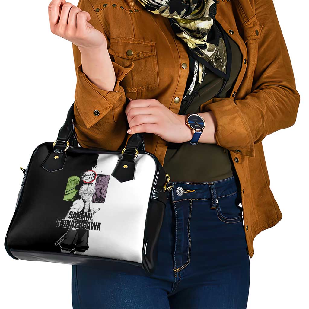Sanemi Shinazugawa from Demon Slayer Shoulder Handbag with Black and White Split Background and Intense Battle-Ready Manga Style Design - The Mazicc