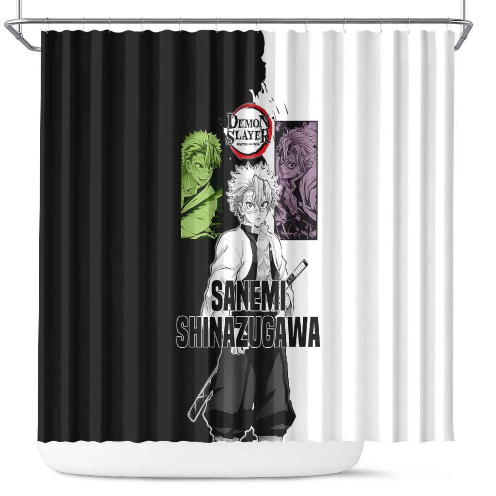 Sanemi Shinazugawa from Demon Slayer Shower Curtain with Black and White Split Background and Intense Battle-Ready Manga Style Design - The Mazicc