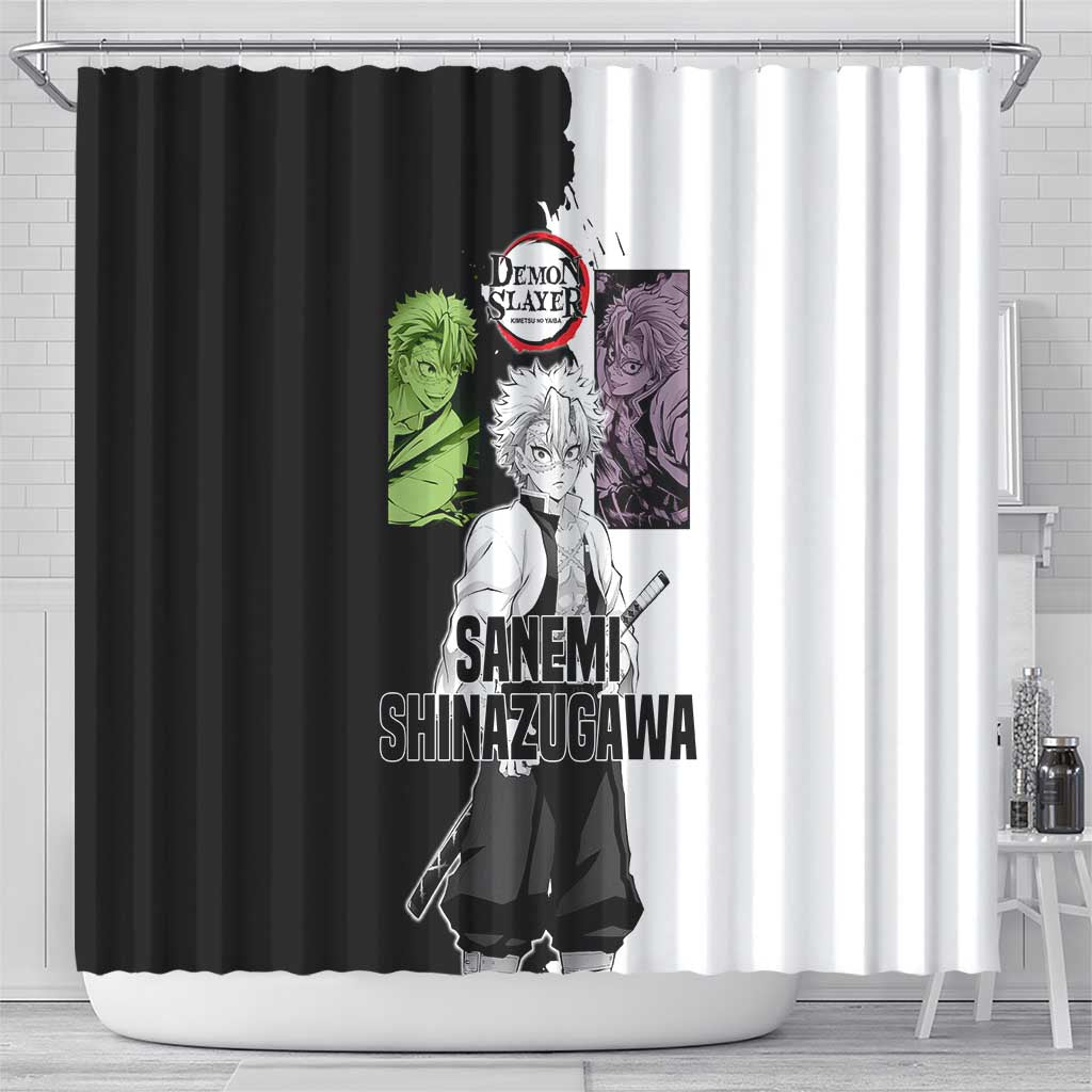 Sanemi Shinazugawa from Demon Slayer Shower Curtain with Black and White Split Background and Intense Battle-Ready Manga Style Design - The Mazicc