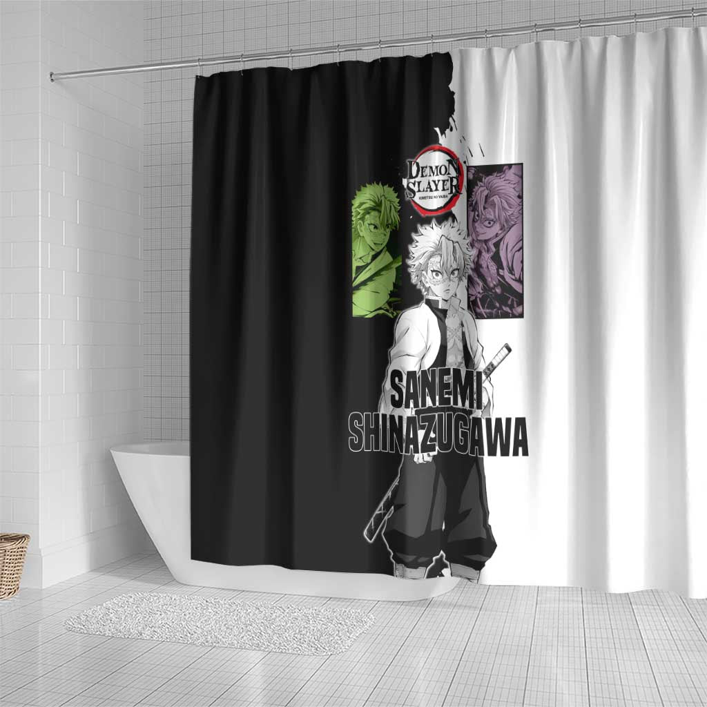 Sanemi Shinazugawa from Demon Slayer Shower Curtain with Black and White Split Background and Intense Battle-Ready Manga Style Design - The Mazicc