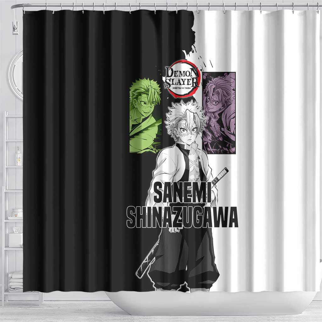 Sanemi Shinazugawa from Demon Slayer Shower Curtain with Black and White Split Background and Intense Battle-Ready Manga Style Design - The Mazicc