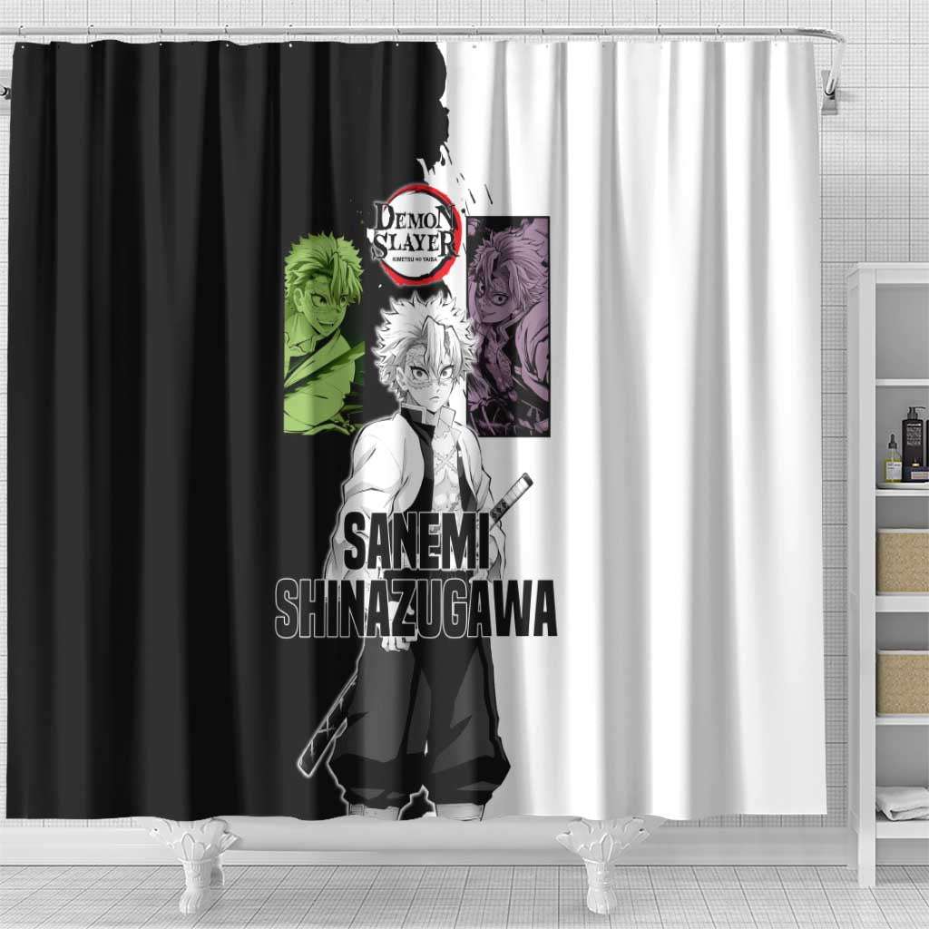 Sanemi Shinazugawa from Demon Slayer Shower Curtain with Black and White Split Background and Intense Battle-Ready Manga Style Design - The Mazicc